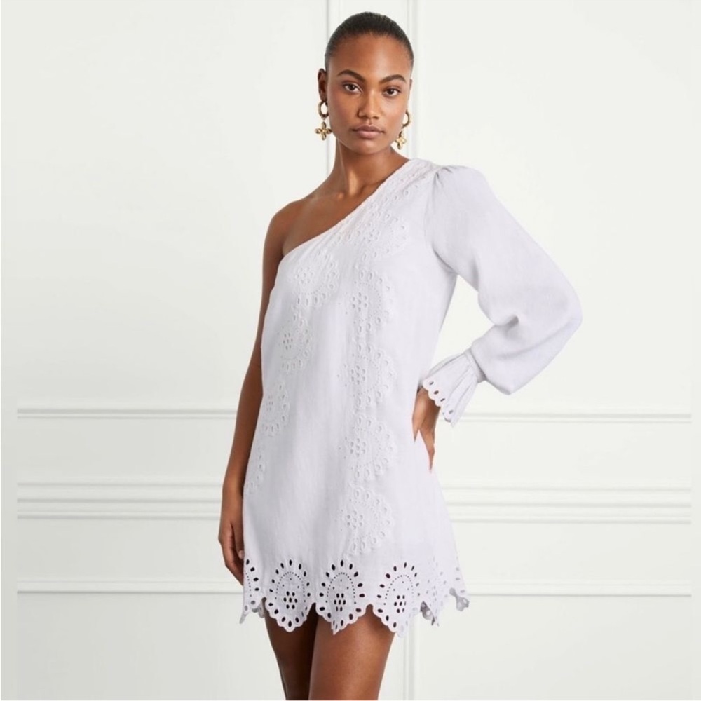 NWT Hill House White Linen Shift Dress Eyelet One Shoulder Small Medium